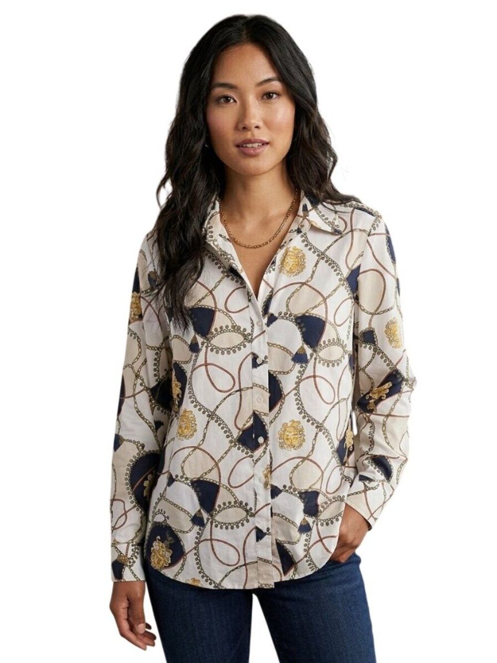 Tommy Hilfiger Designer Sustainable Cotton Chain Tassel Pattern Blouse Size 16